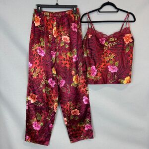 Sophia Delicates 2Pc Satin Pajama Set M Burgundy Floral Animal Print Lace Cami